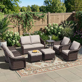 8 Piece Patio Wicker Conversation Set, All-Weather Use Outdoor Wicker Loveseat with 2 PE Rattan Ottomans, 4 Swivel Chair - Photo 1