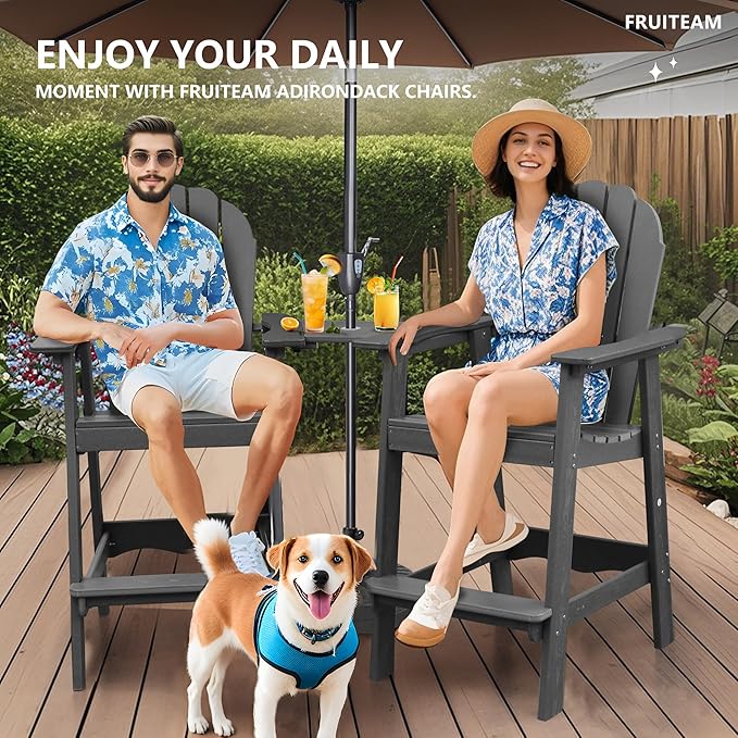 FRUITEAM High-Adirondack-Chairs Set of 2 with Connecting Tray, Outdoor Weather-Resistant Deck Chairs, Low-Maintenance Poly Balcony Set, for Patio, Poolside, Garden