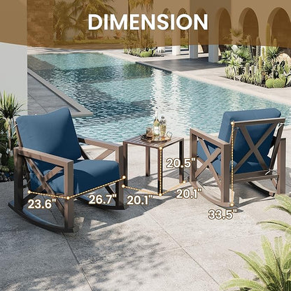 UDPATIO Rocking Chair Outdoor Set 2 with Coffee Table, 3 Piece Metal Rocking Bistro Set with 6.5" Water-Resistant Cushions, Oversized, 350lbs Heavy-Duty, for Porch, Patio, Balcony, Navy