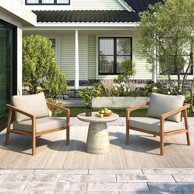 Merax 2 Piece Patio Outdoor Furniture Set, All-Weather Acacia Wood Armchairs w/Coushions, Club Chair for Porch, Lawn, Backyard, Balcony Teak+ Beige