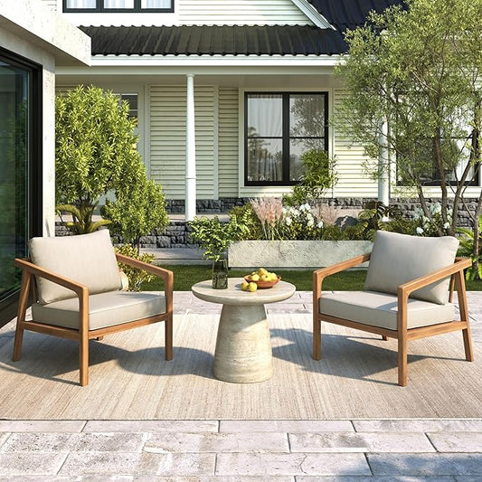 Merax 2 Piece Patio Outdoor Furniture Set, All-Weather Acacia Wood Armchairs w/Coushions, Club Chair for Porch, Lawn, Backyard, Balcony Teak+ Beige