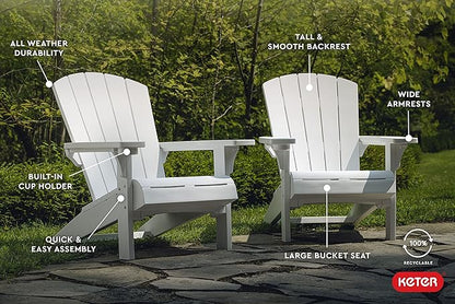 Keter Alpine Adirondack Resin Outdoor Furniture Patio Chairs with Cup Holder-Perfect for Beach, Pool, and Fire Pit Seating, White