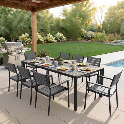 Crestlive Outdoor Dining Table for 8, Patio Table with Umbrella Hole, Aluminum Frame & WPC Wood-Like Tabletop, Ideal for Garden, Backyard, and Indoor