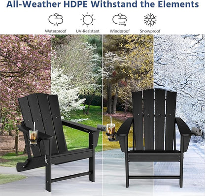 Yaheetech Folding Adirondack Chair Outdoor, HDPE Plastic Adirondack Chair with Cup/Mobile Phone Holder for Deck, Patio, Pool, Backyard, Weather Resistant, Wooden Texture, Easy Assembly Black