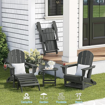 Outdoor Folding Adirondack Chair Set of 1 for Patio Fire Pit, Wooden Textured HDPE Adjustable Chairs with Cup Holder, Waterproof All Weather Resistant Plastic for Pool Lawn Garden Backyard(Gray)