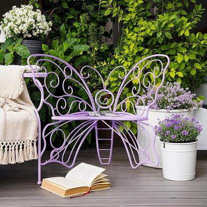 49 Inch Outdoor Bench, Purple Garden Bench with Metal Frame, Weatherproof Butterfly Front Porch Benches for Lawn, Garden, Yard, Balcony