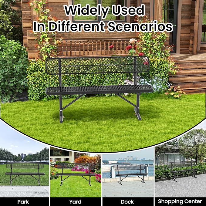 6 FT Heavy Duty Park Bench, Outdoor Metal Black Bench with Back-Commercial Steel Benches for Outside, 2-4 Person Seat-Garden Benches with Portable Frame for Outdoors