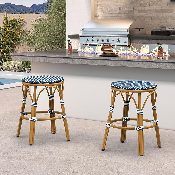 PURPLE LEAF French Patio Round 26" Counter Stool Set of 2 Large Handwoven Wicker Rattan Seat Armless Barstools with - Photo 3