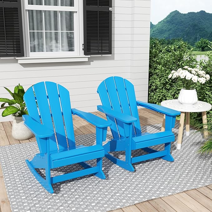 Costaelm Outdoor Adirondack Chair Set of 2, All Weather Resistant Classic Balcony Chair and Fire Pit Chairs, Plastic Outdoor Porch Furniture Rocking Chair High Back HDPE Poly Lumber, Pacific Blue