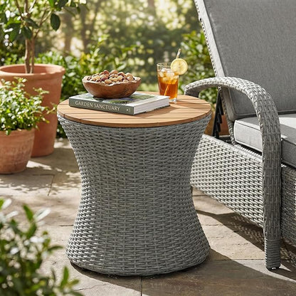 Christopher Knight Home Fenton 17.5" Outdoor Side Table, Round Patio End Table with Wood Top and Wicker Base, Small Outdoor Coffee Table for Balcony Garden Poolside, Accent Garden Stool, Grey+Natural