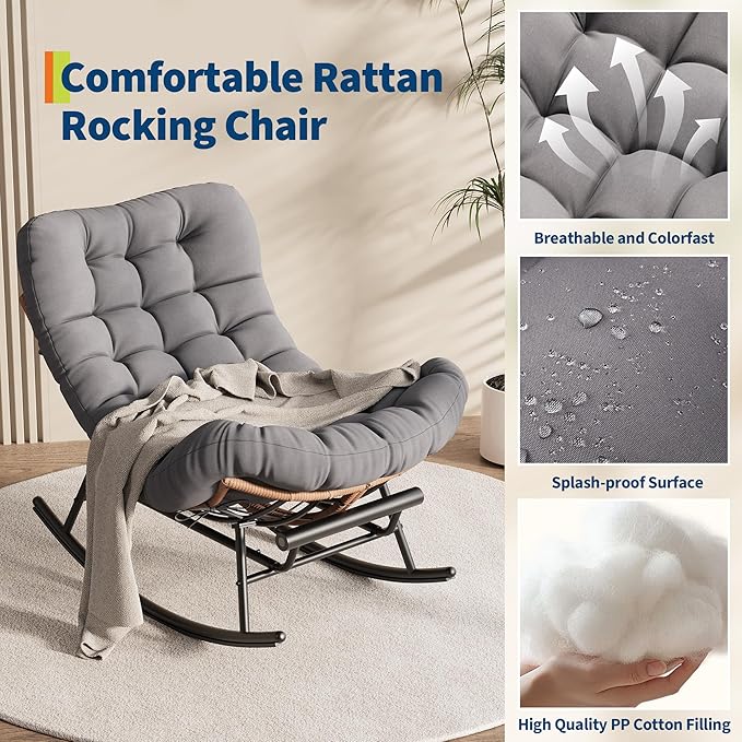 Outdoor Rocking Chair with Footrest, Oversized Patio Papasan Chairs with Cushion - Photo 5