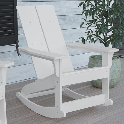 Flash Furniture Finn Modern Commercial Poly Resin Wood Adirondack Rocking Chair - All Weather White Polystyrene - Dual Slat Back - Stainless Steel Hardware - Set of 2