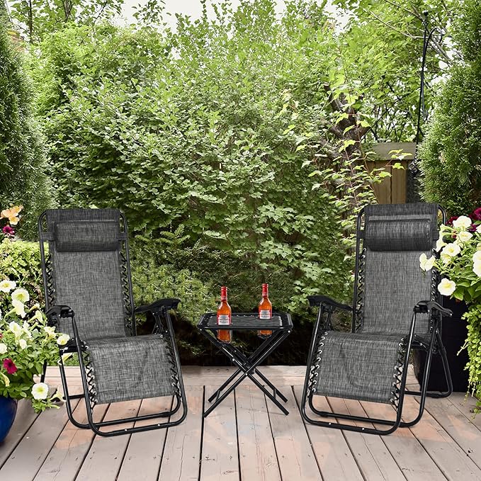 Goplus Zero Gravity Chair Set, 3 Pieces Outdoor Lounge Chair Recliners w/Side Table, Headrest and Cup Holders, Adjustable Folding Recliners and Table for Patio, Yard, Pool, Beach (Grey)
