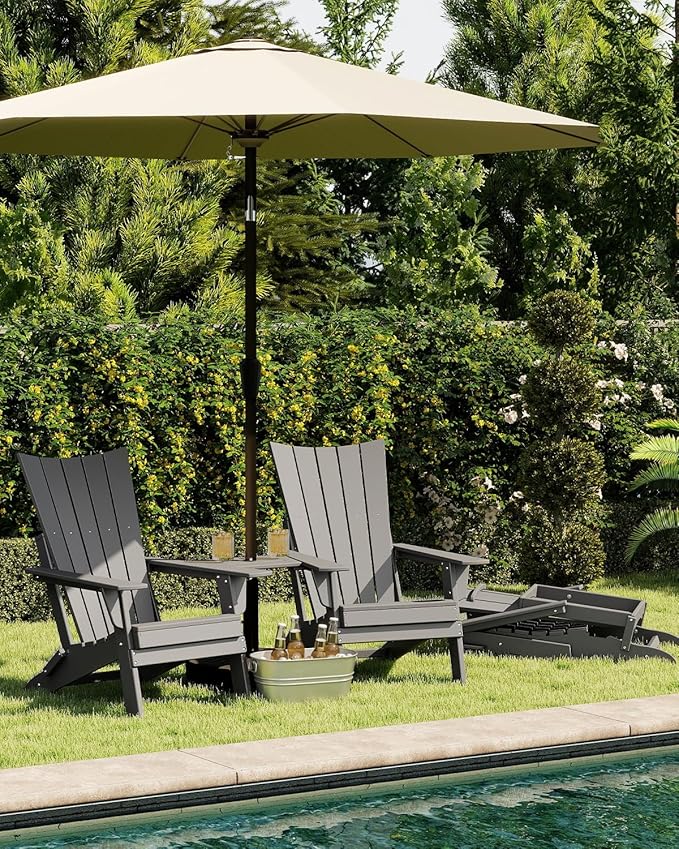 GREENVINES Folding-Adirondack-Chairs-Set-of-2 | HDPE Plastic | Arch Series | Fire Pit Chair | with Connecting Tray | Removable Table | All Weather | for Outdoor Patio Deck Poolside | Grey