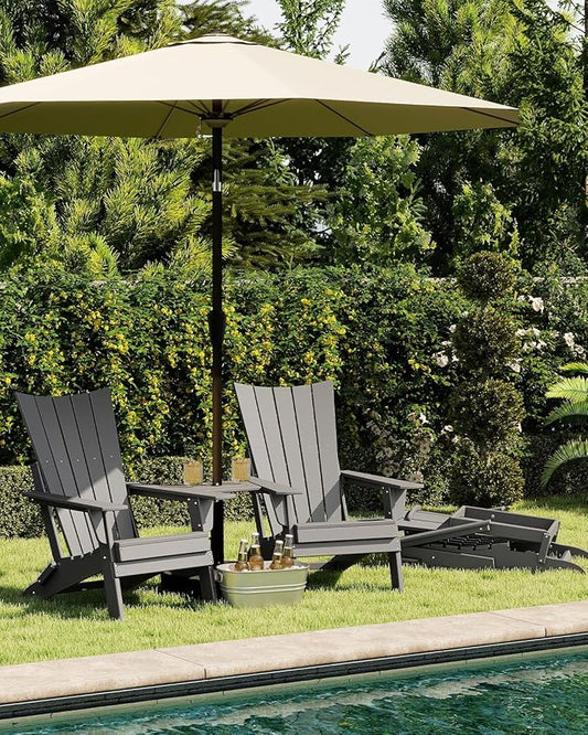 GREENVINES Folding-Adirondack-Chairs-Set-of-2 | HDPE Plastic | Arch Series | Fire Pit Chair | with Connecting Tray | Removable Table | All Weather | for Outdoor Patio Deck Poolside | Grey