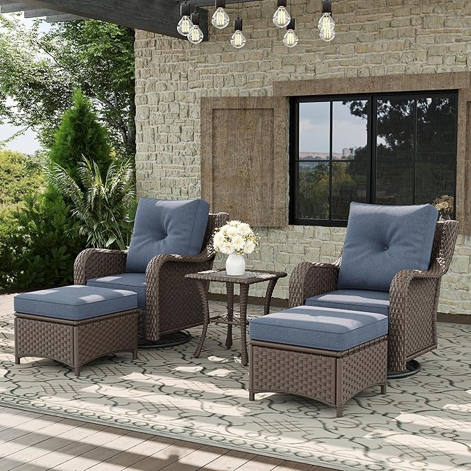 5 Piece Patio Furniture Set, All-Weather Wicker Outdoor Conversation Set with Swivel Rocking Chair and 6 Inch Thick Cushions