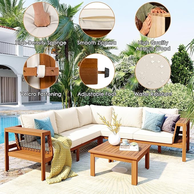 Outdoor L-Shaped Sofa Furniture Set with Coffee Table, Woven Mesh Armrests and Side Table - Photo 4