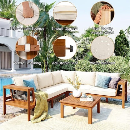 Outdoor L-Shaped Sofa Furniture Set with Coffee Table,Woven Mesh Armrests and Side Table, 4 Pieces Patio Acacia Wood Conversation Set for Deck, Poolside, or Balcony