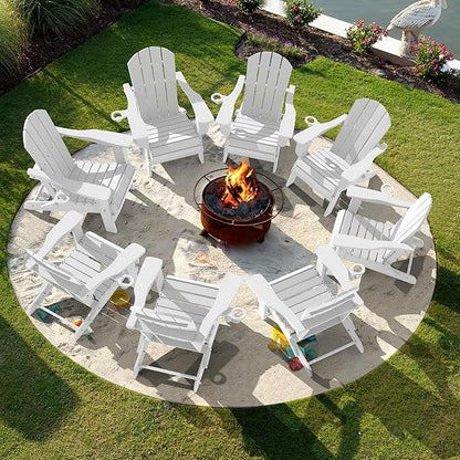 LOUNZY Folding Adirondack Chair Set of 8, HDPE All-Weather Folding Adirondack Chair with Cup Holders, Outdoor Patio Adirondack Chair for Deck Lawn Fire Pit, White