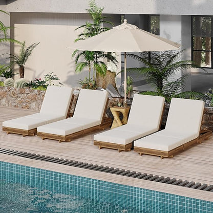 Merax 4-Piece Acacia Wood Chaise Lounge Set w/ 6-Position Adjustable Backrest & Cushion - Outdoor Patio Poolside Furniture, Beige