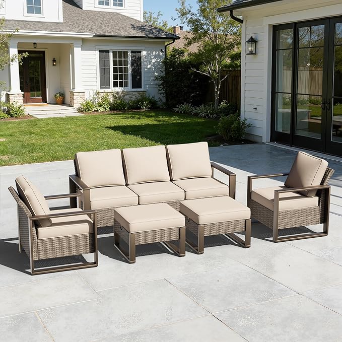 5 Pieces Metal Wicker Patio Furniture Set - 75" Sofa, Two Armchairs and Two Ottomans - Photo 2