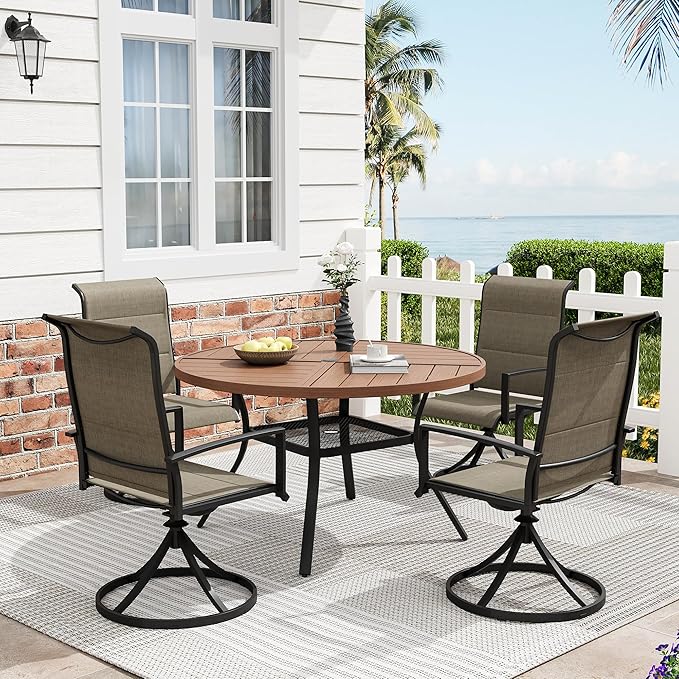 Patio Dining Table for 4, Round Metal Outdoor Table with Storage Shelf, 1.57" Umbrella Hole, 41" Outdoor Quartered Tabletop Dining Table for Backyard, Porch, Lawn, Walnut