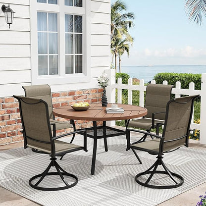 Patio Dining Table for 4, Round Metal Outdoor Table with Storage Shelf, 1.57" Umbrella Hole, 41" Outdoor Quartered Tabletop Dining Table for Backyard, Porch, Lawn, Walnut