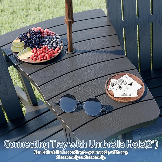 Shintenchi Adirondack Chair Set of 2,HDPE Adirondack Chairs with Umbrella Hole Connecting Tray & 2 Curved Ottoman,Plastic Outdoor Chairs with Cup Holders for Garden Backyard Pool,Black