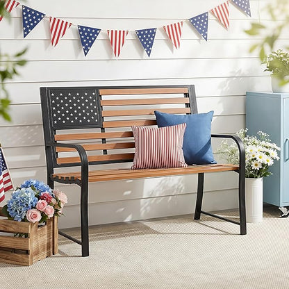 50" Garden Bench Outdoor Bench with American Flag Style, Cast Iron Metal Frame Sturdy Patio Park Bench Arch Legs for Porch,Lawn,Garden,Yard (Yellow-Brown)