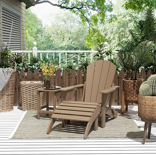 WestinTrends Malibu Outdoor Lounge Chairs, 3-Pieces Adirondack Chair Set with Ottoman and Side Table, All Weather Poly Lumber Patio Lawn Folding Chair for Outside Pool Garden Backyard, Weathered Wood