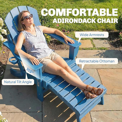 Outsunny Folding Adirondack Chair Set of 2, Outdoor HDPE Fire Pit Chair with Retractable Ottoman, Cup Holder and Large Seat for Deck, Garden, Backyard, Blue