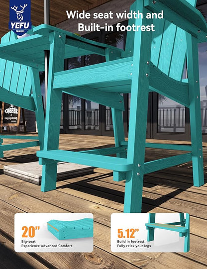 YEFU Tall Adirondack Chair Set of 4, Balcony Chair with Connecting Table, Poly Lumber Adirondack Chair, Patio Bar Stools, 380lbs, Weather Resistant for Outdoor Deck Lawn Pool-Aruba Blue