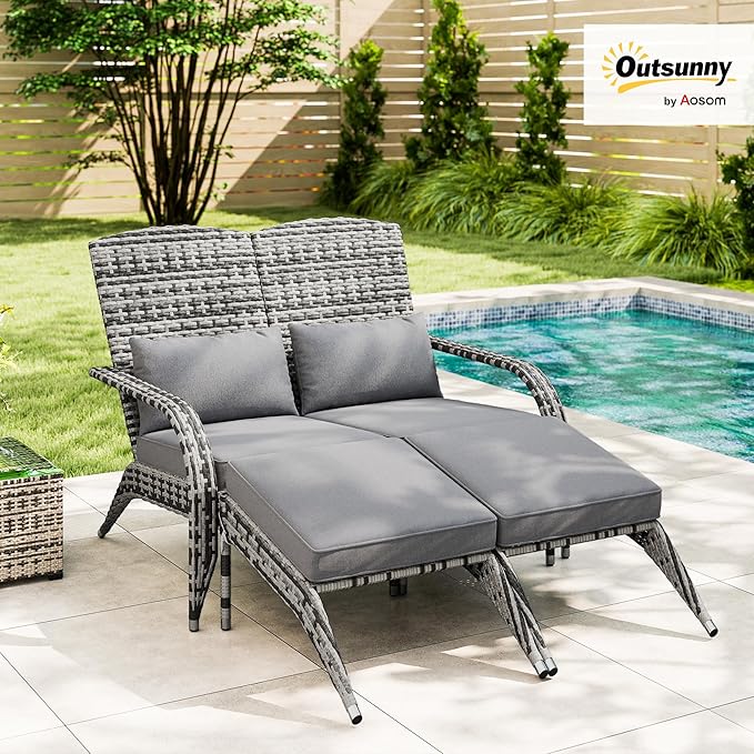 Outsunny Wicker Adirondack Chair for 2 with Cushions & Footrests, PE Rattan Double Chaise Lounge Chair - Photo 2
