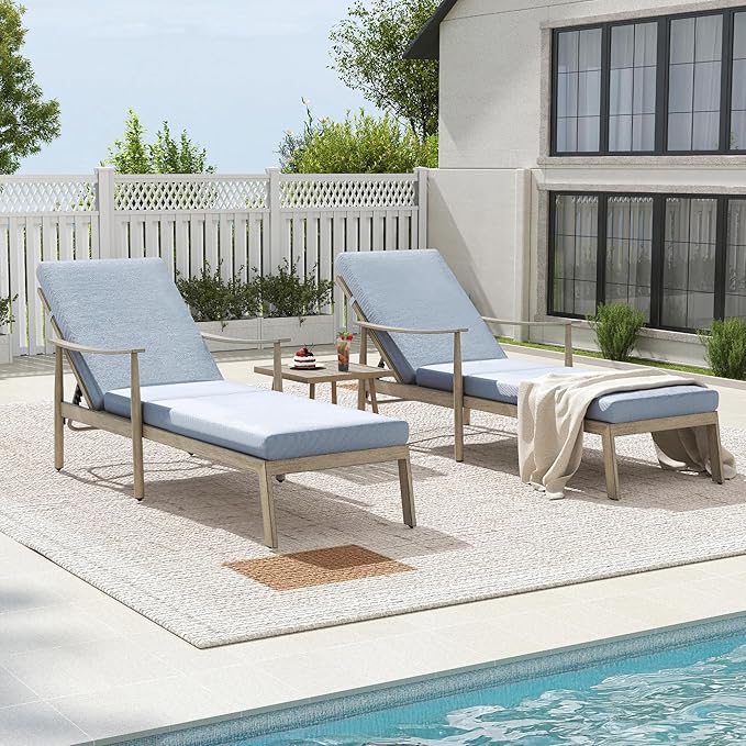 HAPPATIO Outdoor Chaise Lounge Set of 3, Aluminum Pool Chair with Adjustable Backrest and Cushion, Curved Armrest, Outdoor Lounge Chairs with Side Table for Beach, Yard, Poolside (Brown)