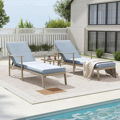 HAPPATIO Outdoor Chaise Lounge Set of 3, Aluminum Pool Chair with Adjustable Backrest and Cushion, Curved Armrest, Outdoor Lounge Chairs with Side Table for Beach, Yard, Poolside (Brown)