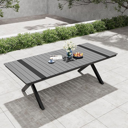 Pellebant 94" Outdoor Dining Table for 8-10, 8ft Aluminum Patio Table with Umbrella Hole, Weather Resistant Grey Wood Grain Tabletop and Sturdy Frame for Deck, Porch, Backyard