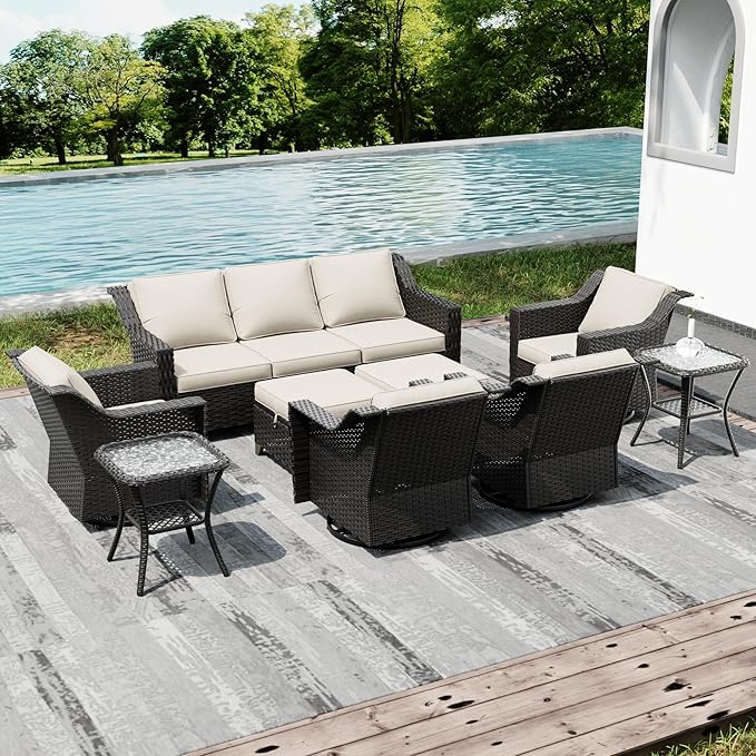 Joyside Wicker Patio Furniture Sets, 9 Pieces Upgraded Large Size Outdoor Furniture with 4 Swivel Rocking Patio Chairs - Photo 7