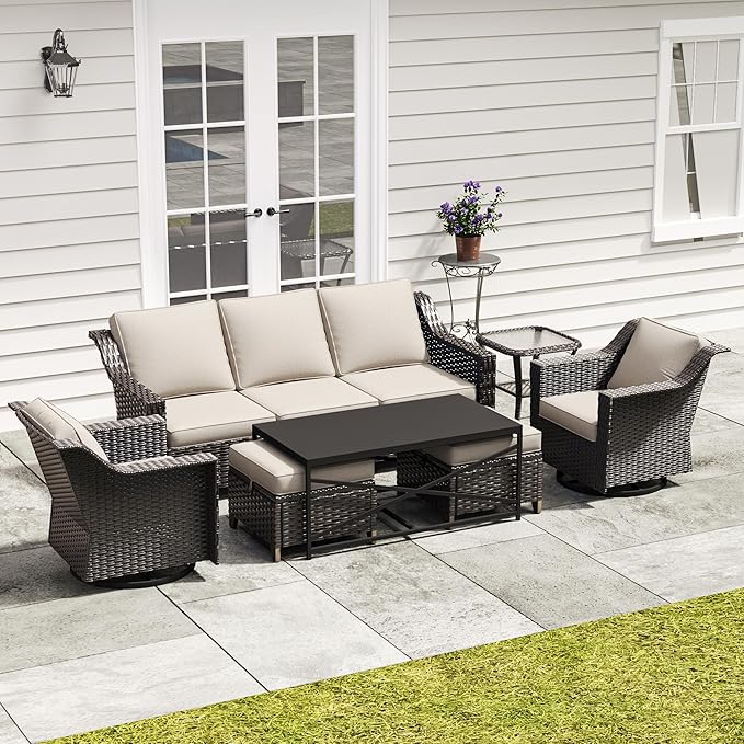 7 Pieces Outdoor Conversation Furniture Set - 77" Patio Sofa, 2 Swivel Rocker Chairs, 2 Ottomans, 1 Side Table - Photo 1