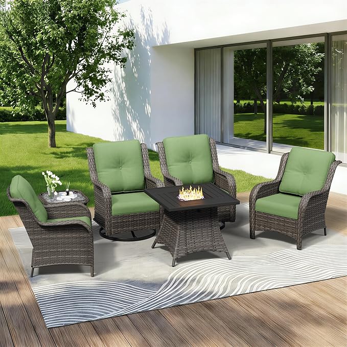 6 Pieces Outdoor Wicker Patio Furniture Set with Fire Pit Table, Patio Chair Set with Thickened Olefin Cushions - Photo 9