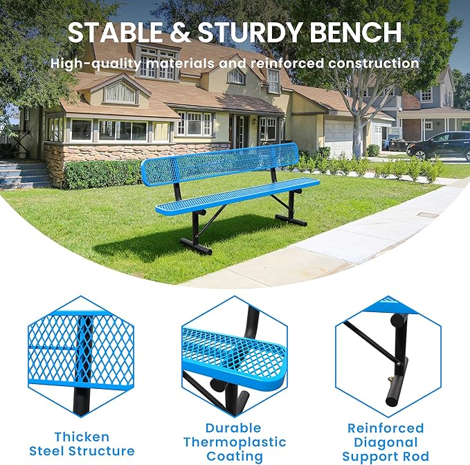 8 FT Steel Park Bench for Outside, Outdoor Bench with Backrest & Portable Frame, Thermoplastic Coating, Commercial Benches for Shopping Mall, Store, Park, Patio, Deck, Blue