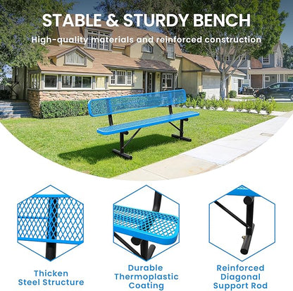 8 FT Steel Park Bench for Outside, Outdoor Bench with Backrest & Portable Frame, Thermoplastic Coating, Commercial Benches for Shopping Mall, Store, Park, Patio, Deck, Blue