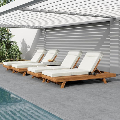 Merax Acacia Wood Chaise Lounge Chair Outdoor Set of 4, Patio Recliner with 4 Position Adjustable Backrest and 4" Thick Four-fold Cushion