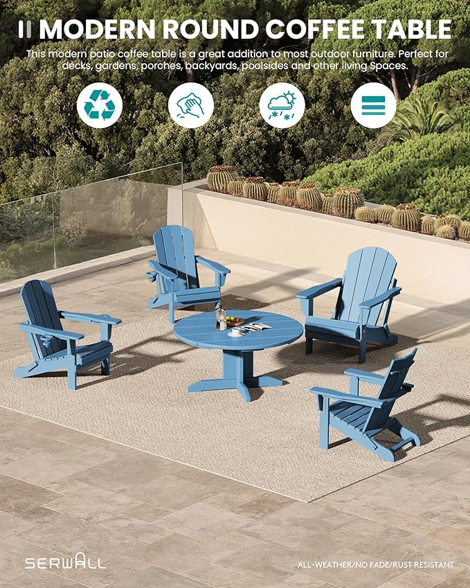 SERWALL 36'' Round Outdoor Coffee Table - HDPE Weatherproof Patio Table for Balcony, Garden, Backyard (Blue) - Photo 6