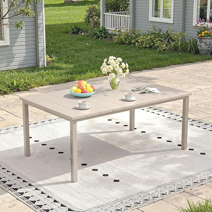 Outdoor Dining Table for 6, 63" Rectangle Outdoor Table with Adjustable Umbrella Hole, All-Weather Metal Patio Dining Table for Lawn Garden Backyard Deck, Sandshell