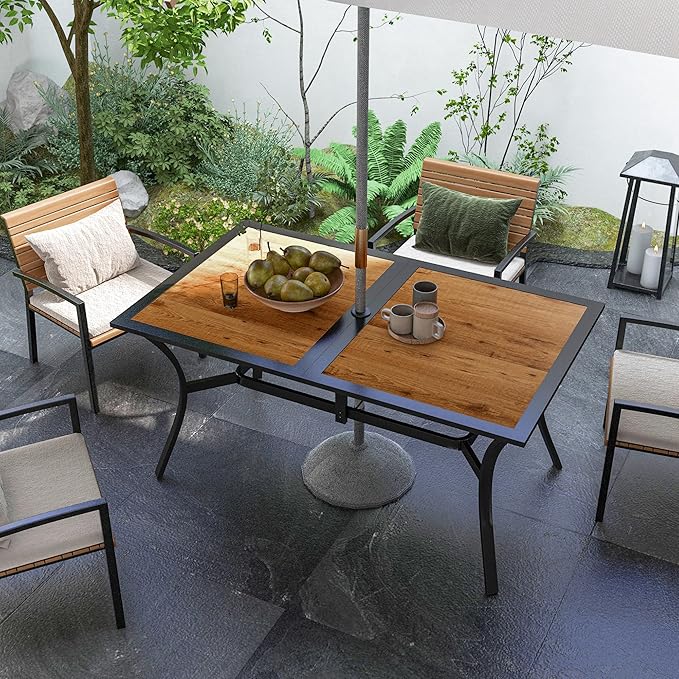 Outsunny Rectangle Outdoor Dining Table for 6 People, Faux Wood Rectangular Patio Table with Umbrella Hole, Steel Frame for Garden, Balcony, Brown