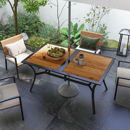 Outsunny Rectangle Outdoor Dining Table for 6 People, Faux Wood Rectangular Patio Table with Umbrella Hole, Steel Frame for Garden, Balcony, Brown