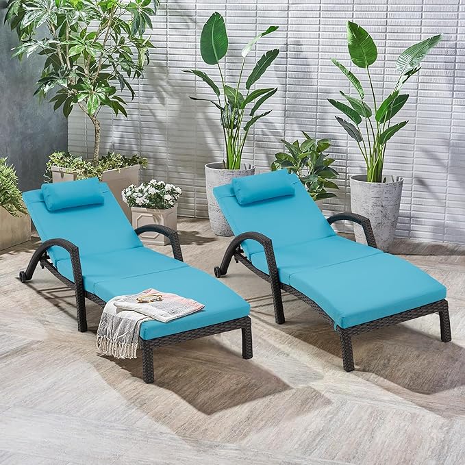 HOMREST Outside Chaise Lounge Chairs Set of 2, Adjustable 5 Position Outdoor PE Rattan Wicker Patio Pool Lounge Chair with Cushion, Arm, Pillow and Wheels for Poolside Backyard Deck Porch,Blue