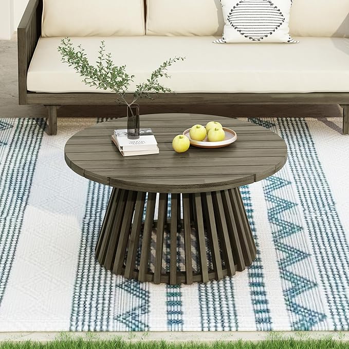 Acacia Wood Patio Coffee Table, Patio Outdoor Acacia Wood Round Coffee Table for Backyard, Lawn, Balcony, Teak Finish - Photo 3