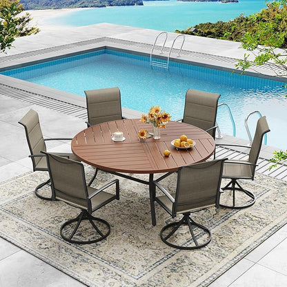 DIFY 53.1" Round Outdoor Patio Dining Table for 6-8, All-Weather Metal Steel Slatted Patio Table with 1.57" Adjustable Umbrella Hole, for Lawn Garden Porch Backyard, Walnut