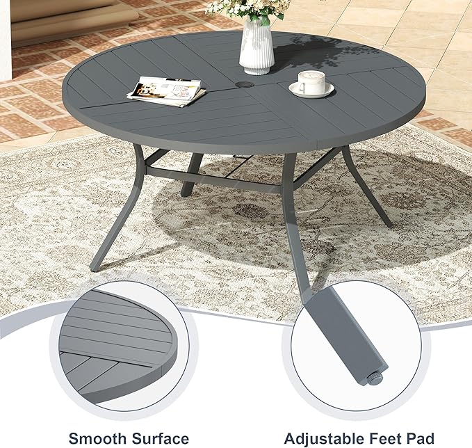 VICLLAX 53" Round Patio Dining Table for 6-8, All Weather Metal Outdoor Table with 1.57" Umbrella Hole and Surdy Frame for Garden Lawn Deck, Sandshell